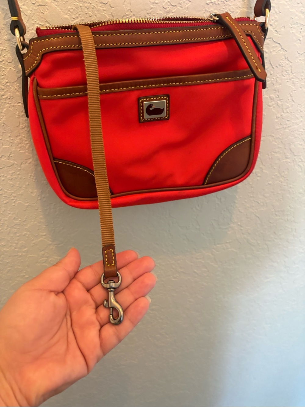 Dooney & Bourke Nylon Red Crossbody with Brown Leather Trim Adjustable Straps - Picture 3 of 15